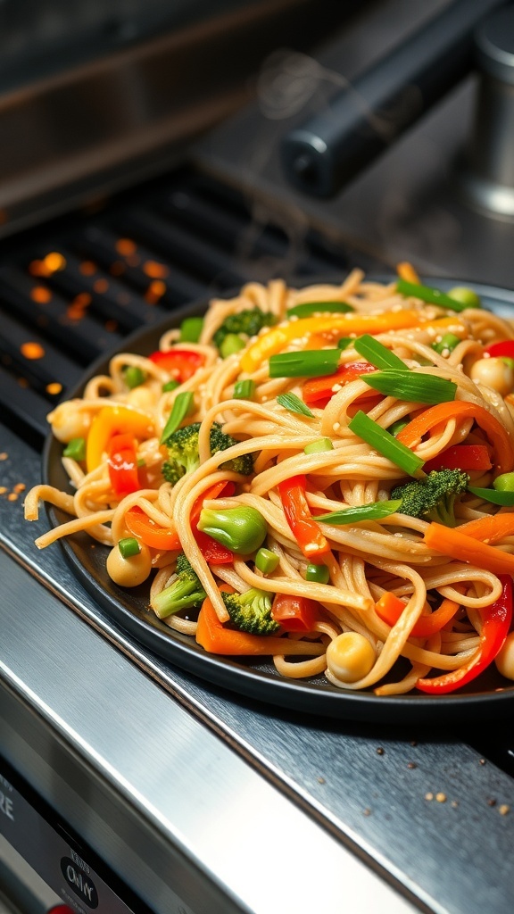 Stir-fried noodles with vegetables on a Blackstone griddle, garnished with green onions and sesame seeds.